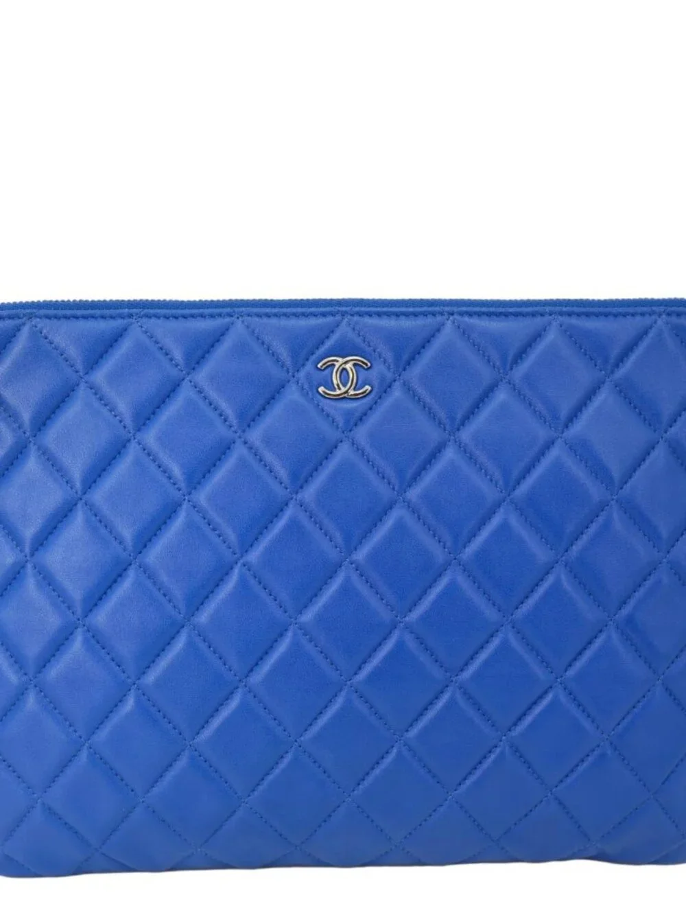 Chanel O Case Large Quilted Lambskin Leather Clutch Blue